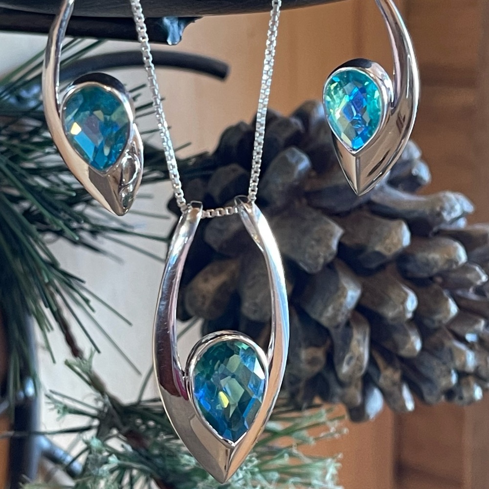Stunning! Caribbean Blue Green Quartz Pendant & Earrings Set Sterling Silver - Picture 8 of 14